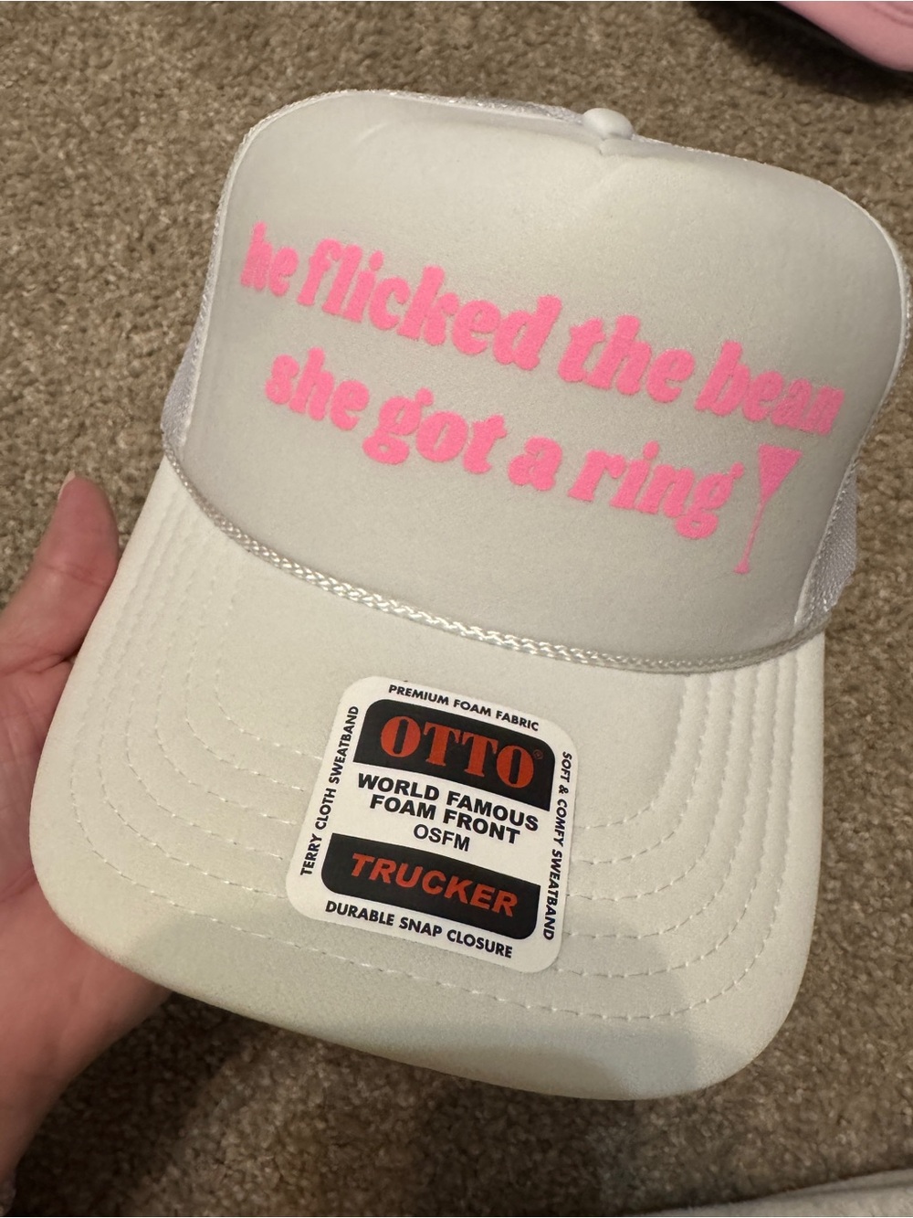 OTTO White Trucker Hat with Bright Pink Script